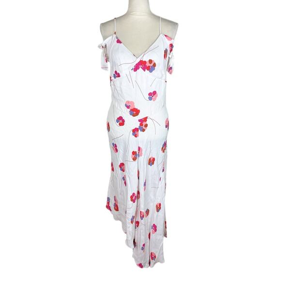 Lewit White Floral Carla Dress Tie Sleeve Asymmetrical Cold Shoulder Size 8 NEW - Picture 3 of 9